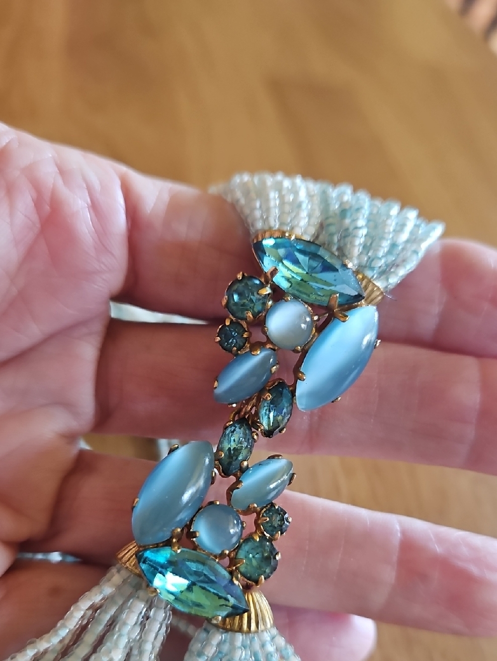 Vintage 60's Blue Torsade Glass & Jeweled Necklace Jeweled Clasp for Earrings - Picture 3 of 6